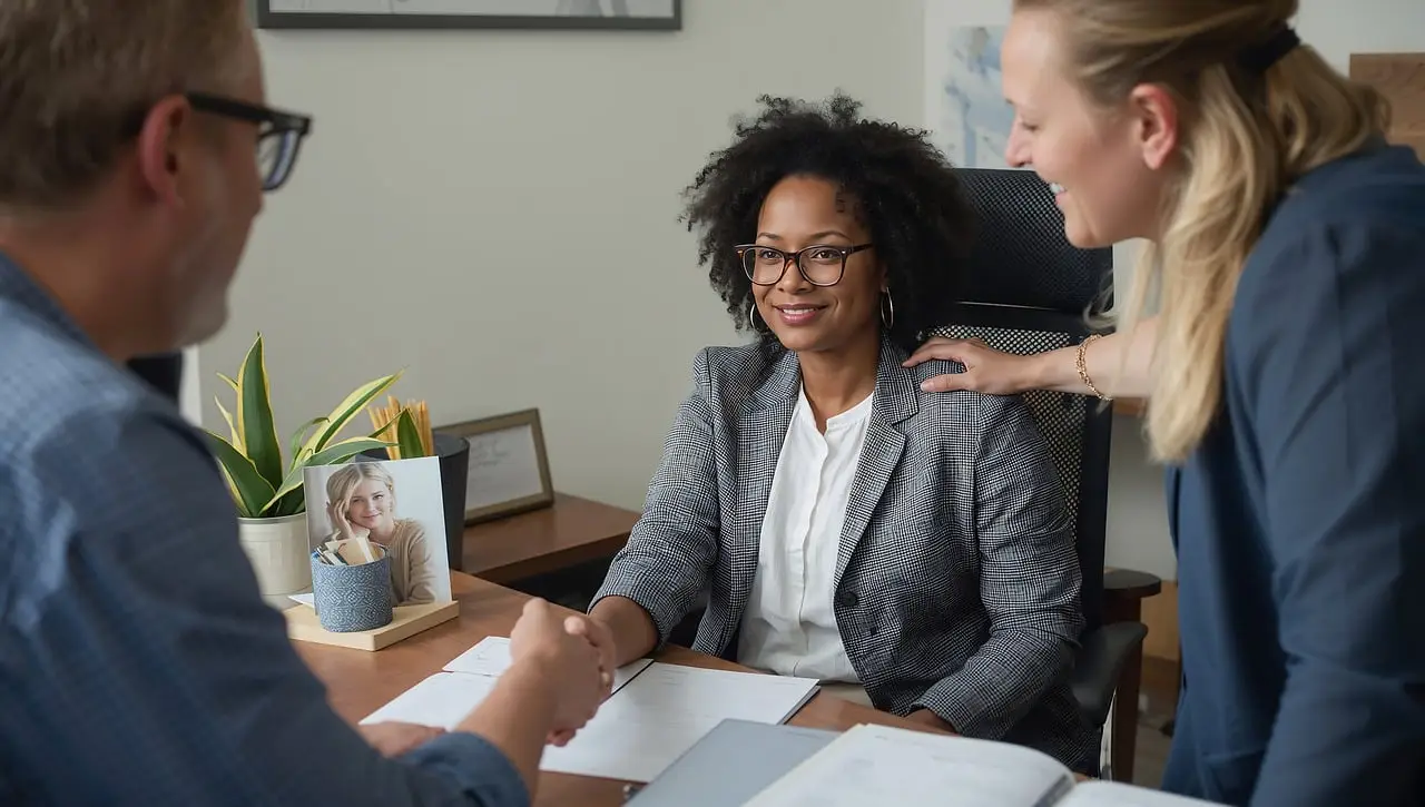 About the Consultant business, office, meeting, collaboration, teamwork, professionals, discussion, agreement, partnership, consultation, advice, support, diversity, inclusion, women in business, men in business, corporate, workplace, strategy, planning, paperwork, smiling, happy, interview, ai generated